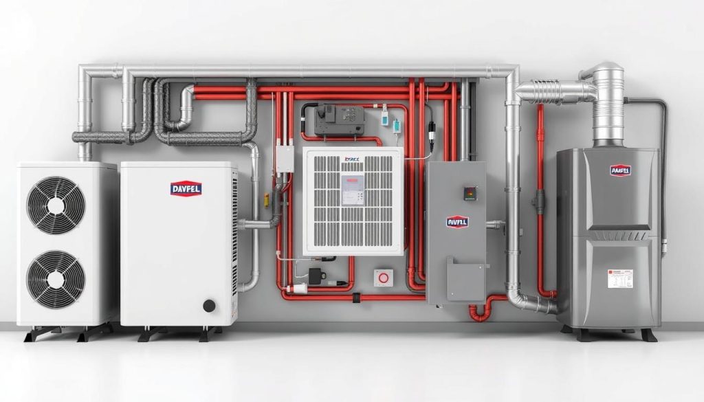 A detailed and technical comparison of various heating systems, including a ground source heat pump, wall-mounted electric heaters, and a traditional gas furnace. The image should be rendered in a realistic, technical style, with a focus on the key components and specifications of each system. The layout should be clean and organized, with the systems arranged side-by-side to facilitate easy comparison. The lighting should be bright and even, with a neutral color temperature, to showcase the intricate details of the equipment. The angle should be slightly elevated to provide a comprehensive view of the systems, while maintaining a sense of scale and proportion. The overall mood should convey a sense of informative objectivity, suitable for an educational article on heating system selection.