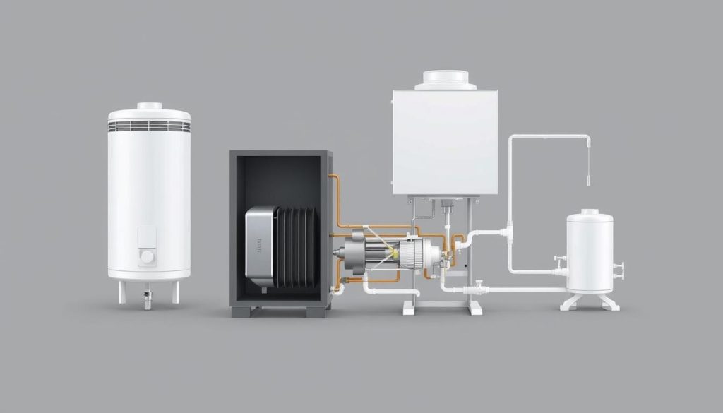 A detailed and technical diagram showcasing the different components of a thermodynamic water heater. The foreground depicts the system's key elements, including the compressor, evaporator, condenser, and expansion valve, all rendered in a clean, technical style. The middle ground provides a cutaway view to reveal the internal workings, while the background features a minimalist, schematic-like representation of the overall system. Accurate proportions, precise linework, and a muted color palette convey a sense of engineering expertise and functional efficiency. Optimal lighting and camera angle highlight the intricate details and intuitive layout of this thermodynamic water heating technology.