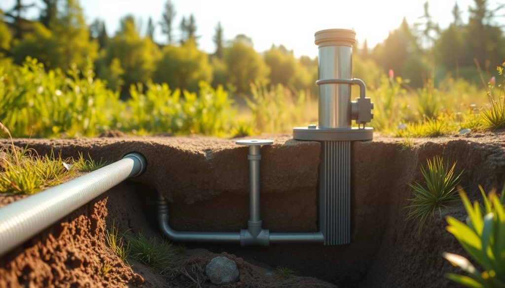 A detailed cross-section of a Canadian well system, also known as a geothermal heat exchanger. In the foreground, the underground piping network emerges from the earth, carrying thermal energy. The middle ground features the well itself, a vertical shaft dug into the ground, with a cover and ventilation system. The background showcases the lush, verdant landscape surrounding the installation, hinting at the system's eco-friendly nature. The lighting is natural, with warm, diffused sunlight filtering through the foliage. The camera angle is slightly elevated, providing an informative overview of the entire setup. The overall mood is one of sustainable, efficient heating and cooling, in harmony with the natural environment.