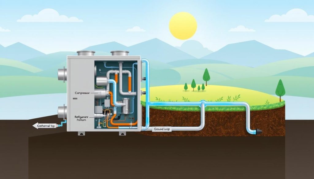 A detailed cross-section of a water-to-water heat pump system, showcasing its inner workings in a well-lit, technical diagram-style illustration. The foreground depicts the heat pump unit with labeled components such as the compressor, condenser, evaporator, and refrigerant lines. The middle ground shows the geothermal ground loop, with pipes carrying water from the ground to the heat pump. The background features a stylized landscape of the surrounding environment, emphasizing the geothermal nature of the system. The overall mood is one of precision, functionality, and environmental integration, conveying the efficient and sustainable nature of this type of heat pump technology.