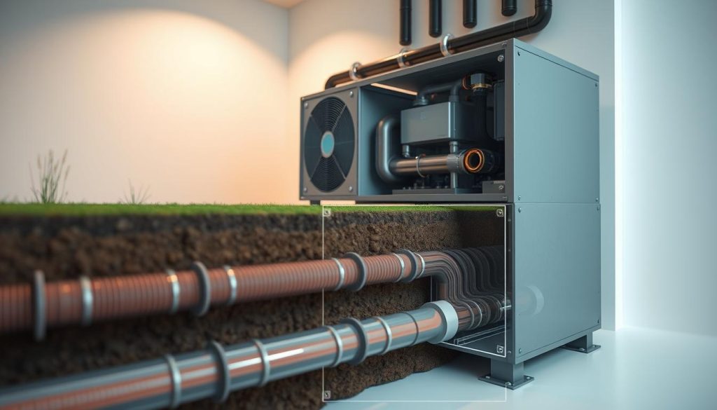 A detailed, cutaway view of an "échangeur air-sol" system, used for ground-source heat pump geothermal heating and cooling. The foreground depicts the underground heat exchanger pipes, buried deep in the soil, with a transparent cross-section revealing the intricate network of tubing. The middle ground shows the heat pump unit, housed in a minimalist, modern enclosure, connected to the buried piping. The background features a softly-lit, neutral environment, emphasizing the technical nature of the system. The lighting is balanced, with a slight warm tone, illuminating the various components in an informative, technical manner. The angle is a three-quarter view, providing a comprehensive overview of the "échangeur air-sol" system and its key elements.