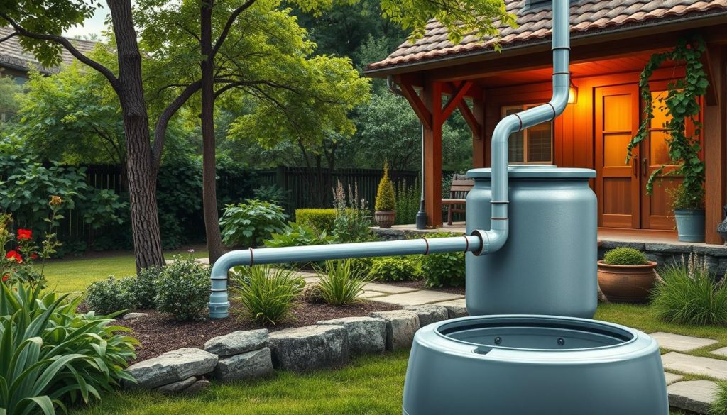 A detailed, high-quality illustration of a "raccordement cuve gouttière" (downspout to rain barrel connection) in a natural outdoor setting. The foreground shows the connection point between the downspout and the rain barrel, with the downspout seamlessly integrated and the barrel firmly secured. The middle ground features lush, verdant foliage and a well-maintained garden landscape. The background depicts a cozy, rustic home exterior with warm, soft lighting, creating a peaceful, inviting atmosphere. The overall scene conveys the key steps for efficiently installing a rain water harvesting system as part of a sustainable home and garden setup.