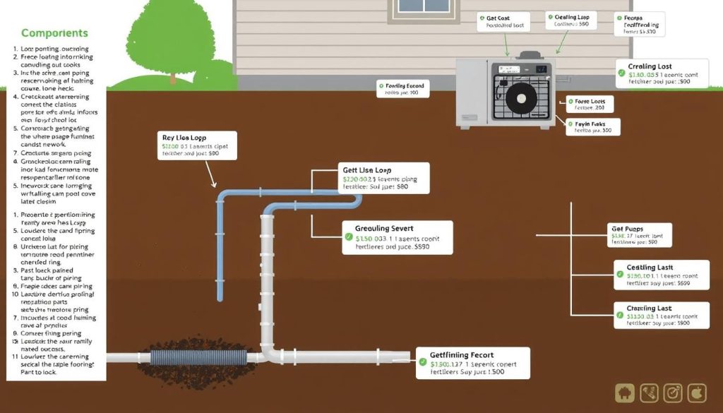 A detailed schematic illustration of a residential geothermal heat pump system, depicting its key components and costs. The foreground shows the ground loop piping network buried underground, surrounded by soil and vegetation. The middle ground features the heat pump unit installed in the home, with clear labels indicating its various parts and associated costs. The background showcases a clean, technical diagram style with muted colors, precise engineering drawings, and clear labels detailing the overall system layout and pricing breakdown. The overall mood is informative and technical, designed to educate the viewer on the typical costs and components of a geothermal heating and cooling system for a single-family home.