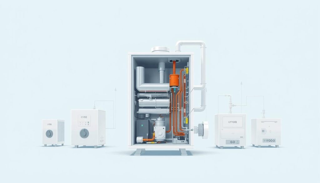 A detailed, technical cross-section of various types of thermodynamic boilers, showcased in a clean, engineering-style illustration. The foreground features a central cutaway view of a modern, high-efficiency heat pump boiler, with its key components and mechanisms clearly visible. The middle ground includes a selection of other boiler models, such as ground-source and air-source heat pumps, as well as traditional gas and oil-fired boilers, all rendered with precise engineering schematics. The background depicts a minimalist, pale blue gradient, lending a sense of clinical, technical authority. The lighting is soft and uniform, emphasizing the technical details, while the camera angle provides an optimal, informative perspective. The overall mood is one of educational clarity, providing a comprehensive visual reference for the different types of thermodynamic boiler systems.