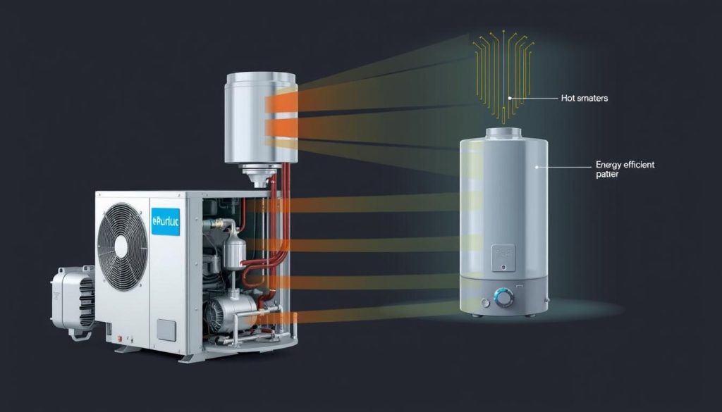A detailed, technical diagram of a modern, high-efficiency air-source heat pump water heater. The device is shown in a cutaway view, revealing its internal components and mechanisms. The foreground depicts the heat pump unit, with its compressor, evaporator coil, and refrigerant lines prominently displayed. The middle ground showcases the hot water storage tank, complete with temperature sensors and thermostatic controls. The background features a minimalist, technical illustration of the energy-efficient airflow patterns and heat transfer processes involved. The overall scene conveys a sense of precision engineering and optimized thermal performance, appropriate for illustrating the key factors influencing the pricing of such a specialized HVAC appliance.