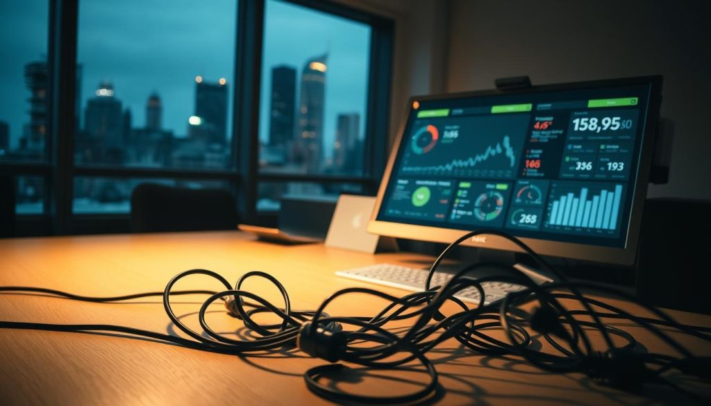 A dimly lit office space, the glow of a computer screen casting a warm hue across the desk. In the foreground, a tangle of power cords and cables snakes across the surface, symbolizing the complexities of energy management. In the middle ground, a sleek, modern control panel displays a visualization of energy consumption, with various metrics and data points. The background features a large window, offering a glimpse of a bustling city skyline, a reminder of the scale and interconnectedness of energy demands. The overall mood is one of contemplation and challenge, as the image conveys the intricate balancing act of managing energy resources in an increasingly connected world.
