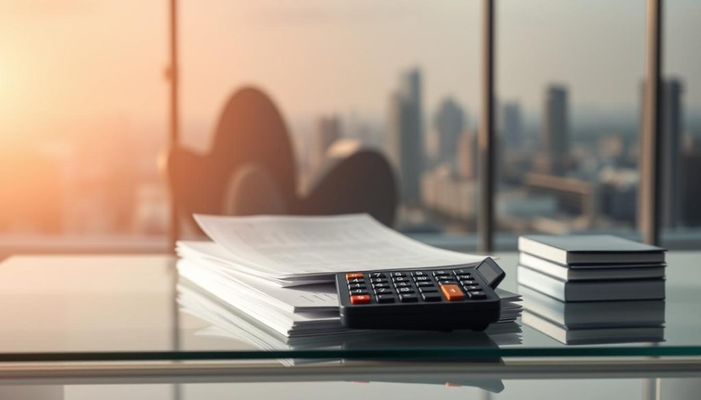 A financial assistance program in a modern, minimalist style. In the foreground, a stack of official documents and a calculator on a sleek, glass-topped desk, bathed in warm, diffused lighting. In the middle ground, abstract shapes and lines in muted tones, suggesting the flow of money and financial transactions. The background features a softly blurred cityscape, hinting at the broader economic context. The overall mood is one of efficiency, professionalism, and the quiet power of financial support systems. The image should convey a sense of authority, reliability, and the tangible benefits of the "financial assistance" program described in the article section.