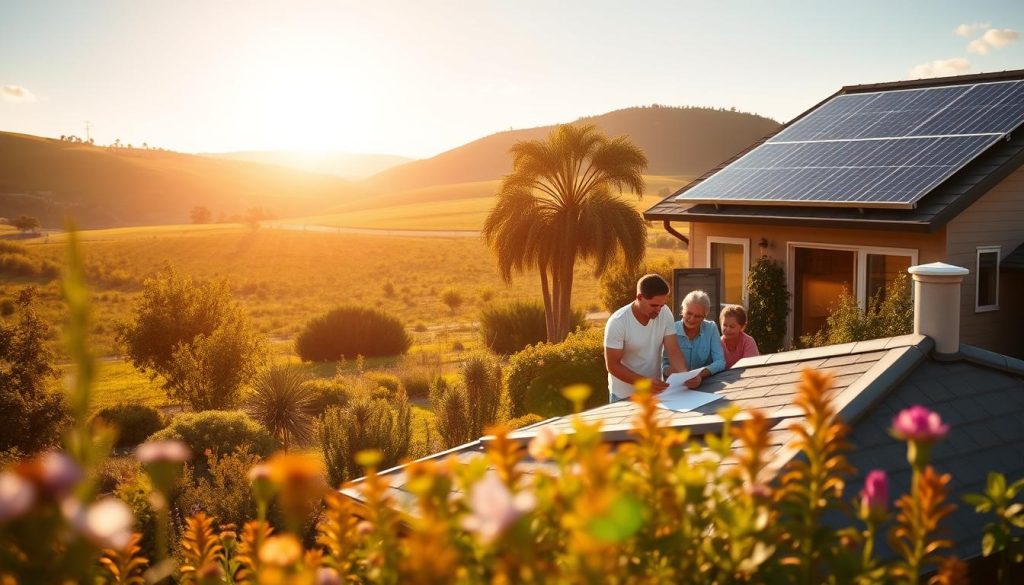 A serene, sun-drenched landscape with rolling hills and lush greenery in the background. In the foreground, a cozy, energy-efficient home with solar panels on the roof, surrounded by a well-manicured garden filled with native flora. In the middle ground, a family gathers around a table, reviewing paperwork and discussing financial incentives and government subsidies for eco-friendly home upgrades. The scene is bathed in a warm, golden light, conveying a sense of tranquility and prosperity associated with sustainable living and environmental stewardship.