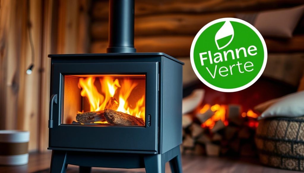 A sleek and modern wood stove with a prominent "Flamme Verte" label prominently displayed on its front panel. The stove is set against a backdrop of a cozy, rustic interior, with warm wooden tones and soft lighting casting a gentle glow. The scene evokes a sense of comfort and efficiency, highlighting the environmental credentials of this eco-friendly heating appliance. The image is captured from a slightly elevated angle, providing a clear view of the stove's design features and the "Flamme Verte" certification. The overall composition emphasizes the importance of this energy-efficient label in the context of wood stove selection and installation.
