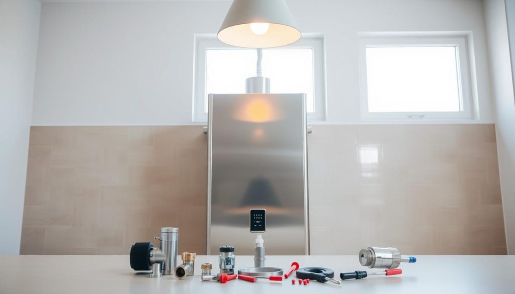 A sleek, modern heat pump water heater standing in a bright, well-lit kitchen. The device is set against a neutral-toned tile backsplash, its clean lines and stainless steel finish reflecting the natural light flooding the space. Overhead, a minimalist pendant light casts a warm, even glow, highlighting the water heater's compact, efficient design. In the foreground, a neatly organized array of plumbing fittings and tools suggests the care and attention required for a proper installation. The overall scene conveys a sense of considered, high-quality craftsmanship, in keeping with the section's focus on the initial cost and setup of a thermodynamic water heater. A sleek, modern heat pump water heater standing in a bright, well-lit kitchen. The device is set against a neutral-toned tile backsplash, its clean lines and stainless steel finish reflecting the natural light flooding the space. Overhead, a minimalist pendant light casts a warm, even glow, highlighting the water heater's compact, efficient design. In the foreground, a neatly organized array of plumbing fittings and tools suggests the care and attention required for a proper installation. The overall scene conveys a sense of considered, high-quality craftsmanship, in keeping with the section's focus on the initial cost and setup of a thermodynamic water heater.