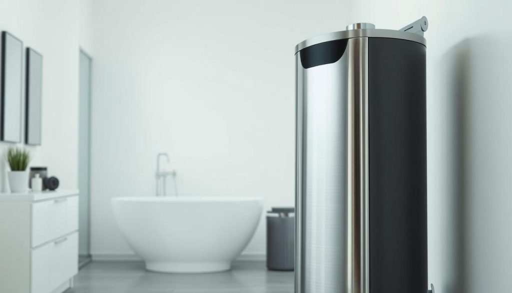 A sleek, modern heat pump water heater stands prominently, its streamlined silhouette highlighted by soft, diffused lighting. The unit's stainless steel exterior gleams, reflecting the clean, efficient design. In the background, a minimalist, well-appointed bathroom sets the scene, suggesting the water heater's seamless integration into a high-performance, energy-conscious home. The image conveys the heat pump's technological sophistication and its ability to provide reliable, cost-effective hot water while aligning with the "Performance and Efficiency" section of the article. A sleek, modern heat pump water heater stands prominently, its streamlined silhouette highlighted by soft, diffused lighting. The unit's stainless steel exterior gleams, reflecting the clean, efficient design. In the background, a minimalist, well-appointed bathroom sets the scene, suggesting the water heater's seamless integration into a high-performance, energy-conscious home. The image conveys the heat pump's technological sophistication and its ability to provide reliable, cost-effective hot water while aligning with the "Performance and Efficiency" section of the article.