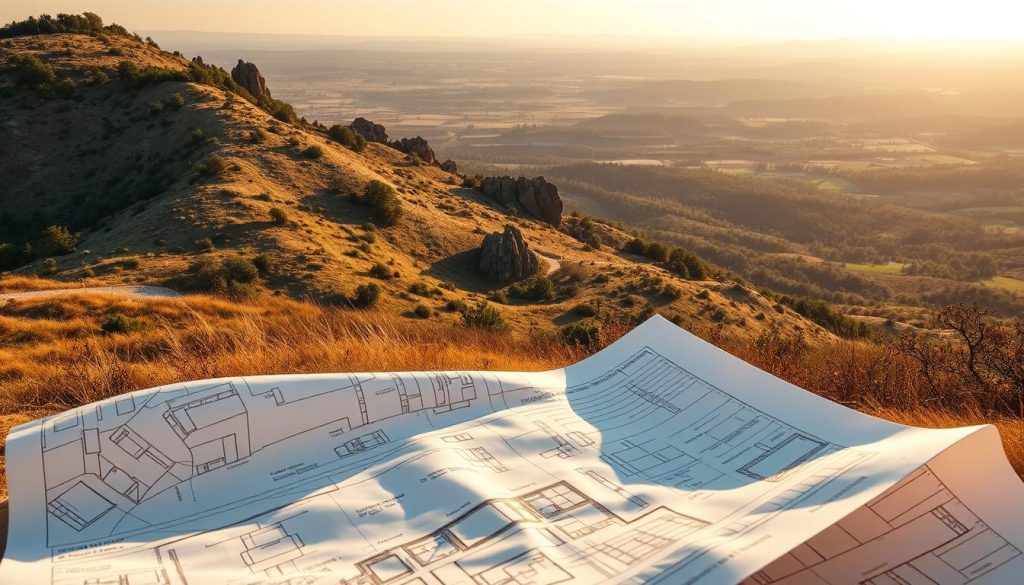A sweeping landscape, showcasing the impact of terrain on construction costs. In the foreground, a meticulously detailed blueprint unfolds, revealing the intricate plans for a modern, energy-efficient home. The middle ground features a gently sloping hillside, dotted with lush vegetation and natural formations, casting shadows that dance across the terrain. In the background, a panoramic view of the surrounding countryside, highlighting the dramatic changes in elevation and their effect on the project's feasibility and budget. The scene is bathed in warm, golden sunlight, creating a sense of tranquility and contemplation. Crisp, high-resolution details capture the complexity of the environment and its influence on the construction process.