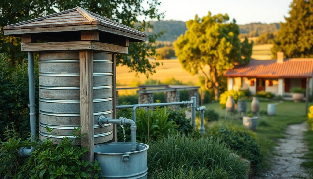 A well-designed water collection system with a sturdy, elevated emplacement récupérateur eau in the foreground. The emplacement is constructed with weathered wood and metal, blending seamlessly into a lush, verdant garden setting. In the middle ground, a series of connected downspouts and pipes channel rainwater into the emplacement's large collection basin. The background features a charming country house with a tile roof, surrounded by mature trees and a picturesque rural landscape bathed in warm, golden afternoon light. The overall scene conveys a sense of sustainability, tranquility, and harmony between human habitation and the natural environment.