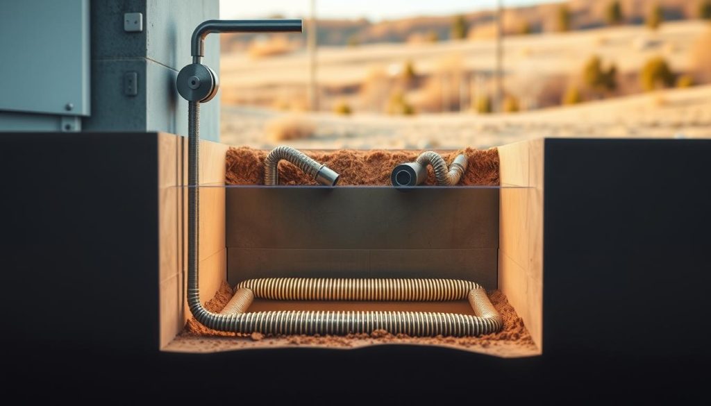 A well-lit, cutaway view of a budget-friendly Canadian well, showcasing its key components. The foreground features a clean, minimalist design with smooth concrete walls and a simple pulley system. The middle ground reveals the thermal exchange coils submerged in the groundwater, efficiently transferring heat. The background subtly fades into an earthy, natural landscape, emphasizing the system's eco-friendly integration. The lighting is warm and inviting, conveying a sense of practical, cost-effective comfort. The overall composition highlights the accessible, yet technologically advanced nature of this affordable geothermal heating solution.