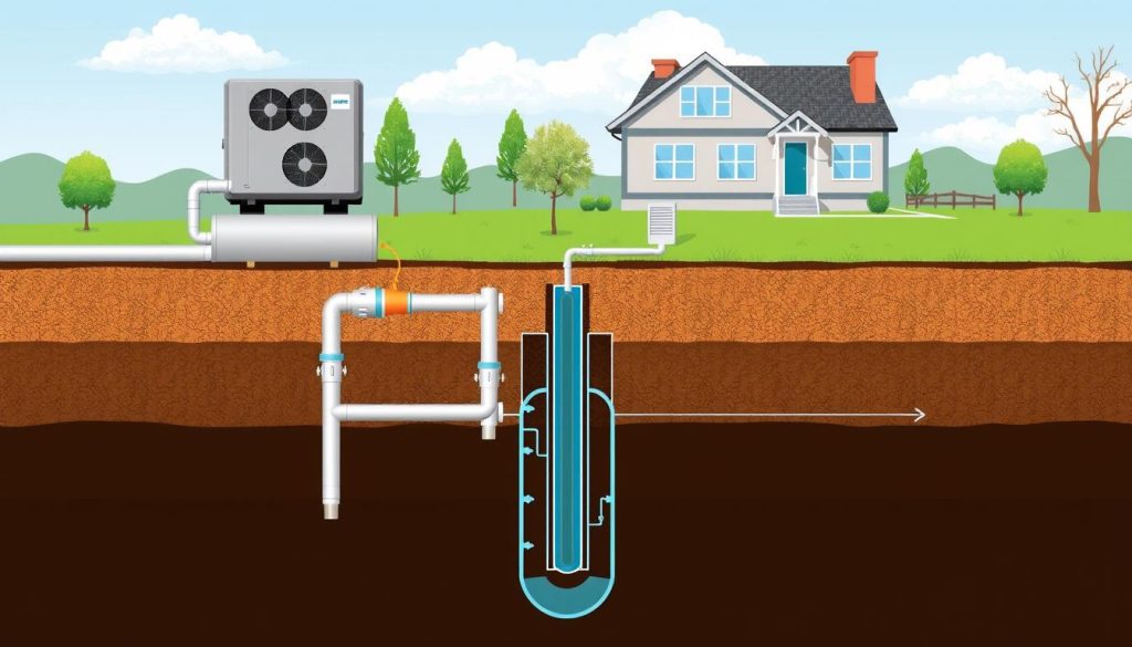 A well-lit, detailed illustration showcasing the key components and installation process of a ground-source heat pump system. In the foreground, a cross-section of the ground loop piping system, with the heat pump unit situated above. The middle ground features a cut-away view of the ground, exposing the vertical borehole or horizontal trench layout, along with accompanying technical details. The background depicts the overall site, including the building structure, landscaping, and any necessary infrastructure such as electrical connections or water supply lines. The scene conveys a sense of technical precision and efficiency, with a clean, technical aesthetic suitable for an instructional article.