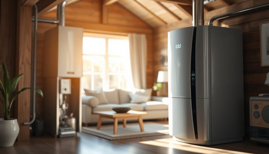 A well-lit, detailed interior scene of a modern, energy-efficient ionic boiler system. In the foreground, the sleek, minimalist design of the ionic boiler unit takes center stage, its metallic surfaces gleaming under soft, diffused lighting. The middle ground showcases the intricate mechanical components and advanced control panels, hinting at the boiler's advanced technology. In the background, a warm, cozy living space with wood accents and natural lighting creates a inviting atmosphere, emphasizing the boiler's seamless integration into the home environment. The overall mood is one of innovation, efficiency, and domestic comfort.