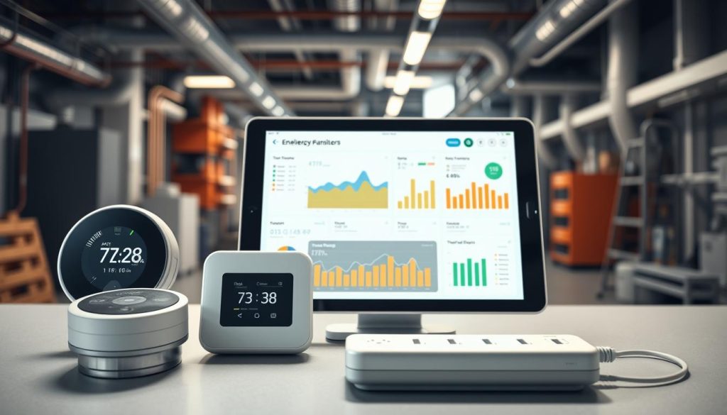 A well-lit, high-resolution image showcasing a variety of connected energy management devices. In the foreground, a smart thermostat, a networked power strip, and an energy monitoring device are neatly arranged on a modern, minimalist desk. In the middle ground, an AI-powered energy dashboard is displayed on a tablet, showcasing real-time data and optimization recommendations. The background features an industrial-style interior with exposed pipes and ducts, hinting at the integration of these connected tools into a larger energy infrastructure. The overall scene conveys a sense of efficiency, control, and technological sophistication in the realm of intelligent energy management.