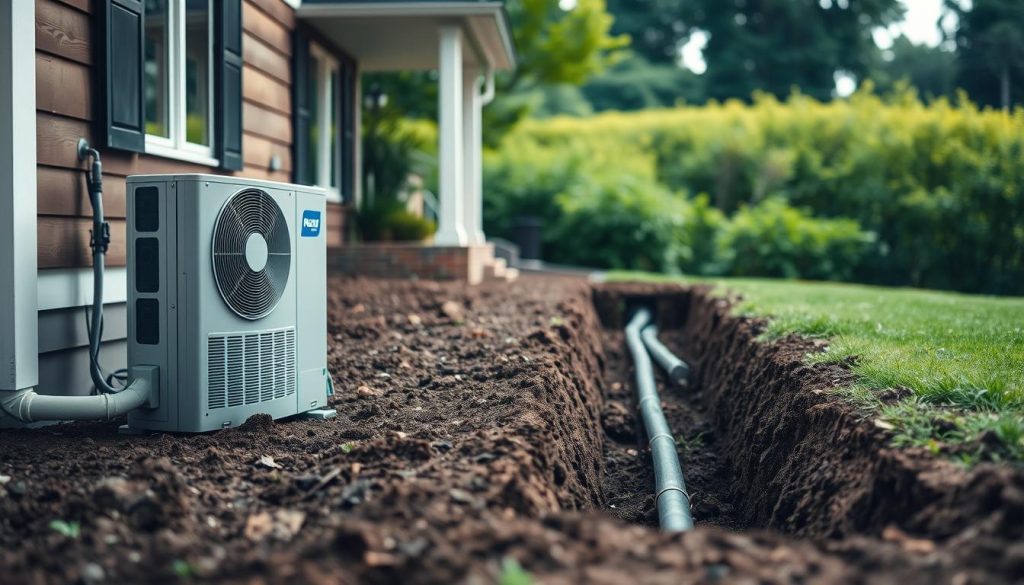 A well-lit installation of a geothermal heat pump system, set against a backdrop of a residential home. The foreground showcases the heat pump unit, its sleek and compact design blending seamlessly with the home's exterior. The middle ground features the underground piping network, with the soil carefully excavated to reveal the intricate installation process. In the background, a lush, verdant landscape provides a natural setting, hinting at the sustainable and environmentally-friendly nature of the geothermal system. The scene conveys a sense of efficiency, precision, and integration, reflecting the technical details and the seamless integration of the geothermal heat pump within the residential setting. A well-lit installation of a geothermal heat pump system, set against a backdrop of a residential home. The foreground showcases the heat pump unit, its sleek and compact design blending seamlessly with the home's exterior. The middle ground features the underground piping network, with the soil carefully excavated to reveal the intricate installation process. In the background, a lush, verdant landscape provides a natural setting, hinting at the sustainable and environmentally-friendly nature of the geothermal system. The scene conveys a sense of efficiency, precision, and integration, reflecting the technical details and the seamless integration of the geothermal heat pump within the residential setting.