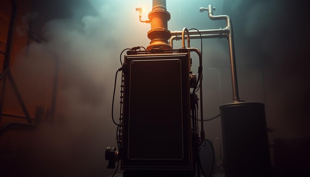 An industrial-looking chaudière ionique (ionic boiler) stands in the center, its intricate metal parts and wiring visible, conveying a sense of technological complexity. The foreground is bathed in a warm, amber glow, while the background is shrouded in a hazy, bluish mist, creating an ominous, uncertain atmosphere. The lighting is dramatic, with strong shadows and highlights accentuating the boiler's unique design. The scene is captured from a slightly low angle, lending a sense of imposing scale and power to the device. Overall, the image evokes a feeling of both fascination and trepidation towards this innovative, but potentially problematic, heating technology.