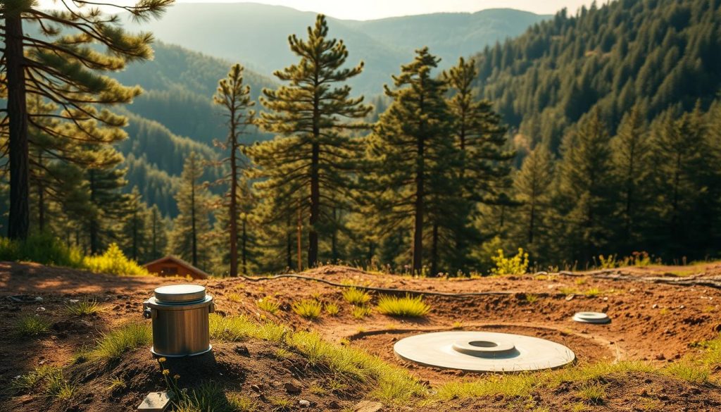 An underground geothermal well situated in a lush, forested landscape. In the foreground, a metal wellhead protrudes from the earth, surrounded by a small clearing of grass and wildflowers. The middle ground features towering pine trees, their branches swaying gently in a light breeze. In the distance, rolling hills covered in dense foliage create a tranquil, serene backdrop. Warm, diffused sunlight filters through the canopy, casting a soft, golden glow over the scene. The overall atmosphere is one of natural harmony and the sustainable harnessing of the earth's renewable energy.