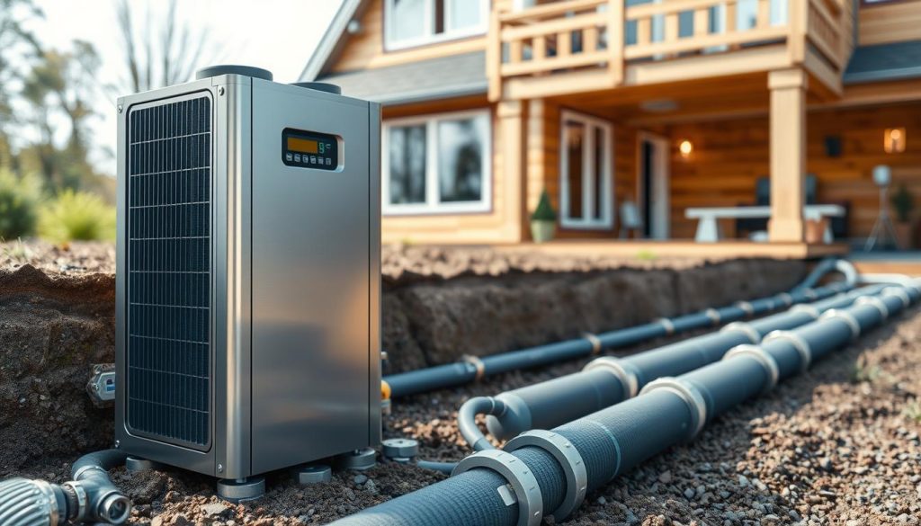 Detailed image of a modern geothermal heat pump system, prominently displayed in the foreground. The pump is shown in a sleek, metallic finish, with clean lines and a minimalist design. The middle ground features an underground geothermal loop, with pipes and fittings visible, showcasing the technology's efficient heat exchange capabilities. The background depicts a well-insulated, energy-efficient home, highlighting the integration of the geothermal system. The lighting is natural, with soft shadows and highlights emphasizing the system's components. The overall mood is one of efficiency, innovation, and environmental sustainability. Detailed image of a modern geothermal heat pump system, prominently displayed in the foreground. The pump is shown in a sleek, metallic finish, with clean lines and a minimalist design. The middle ground features an underground geothermal loop, with pipes and fittings visible, showcasing the technology's efficient heat exchange capabilities. The background depicts a well-insulated, energy-efficient home, highlighting the integration of the geothermal system. The lighting is natural, with soft shadows and highlights emphasizing the system's components. The overall mood is one of efficiency, innovation, and environmental sustainability.