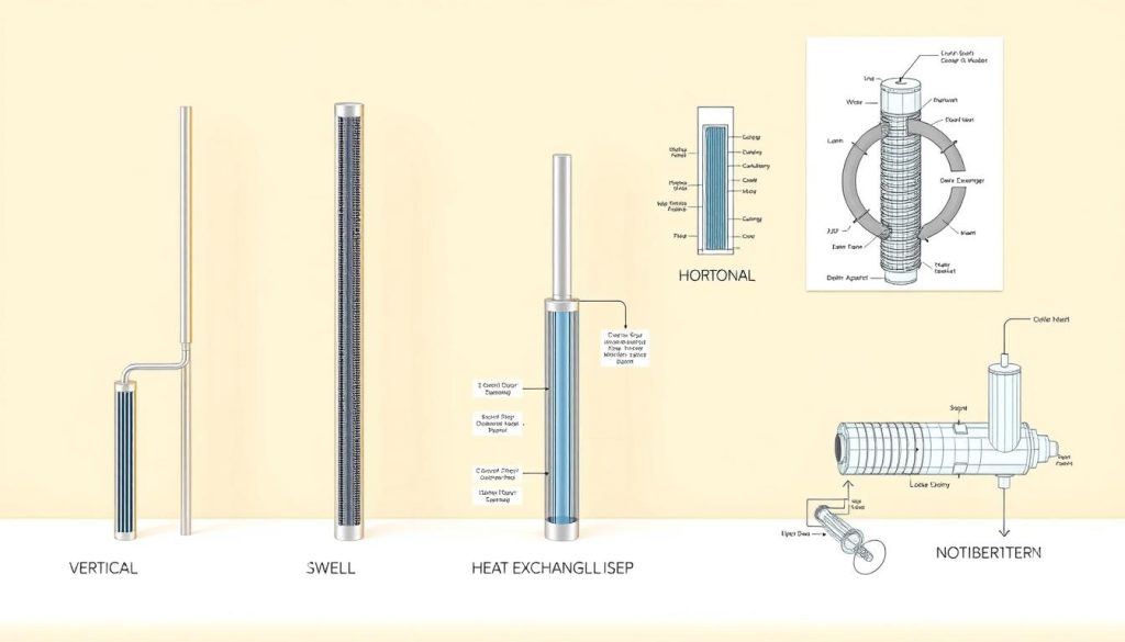 Detailed technical illustrations of various types of geothermal wells for heat pump systems. A well-lit, high-resolution 3D rendering showcasing different well designs, including vertical, horizontal, and spiral configurations. Precise engineering diagrams highlighting key components like bore depth, pipe layout, and heat exchanger placement. The scene conveys a sense of technical expertise and precision, with a clean, modern aesthetic suitable for an instructional article on heat pump installation.