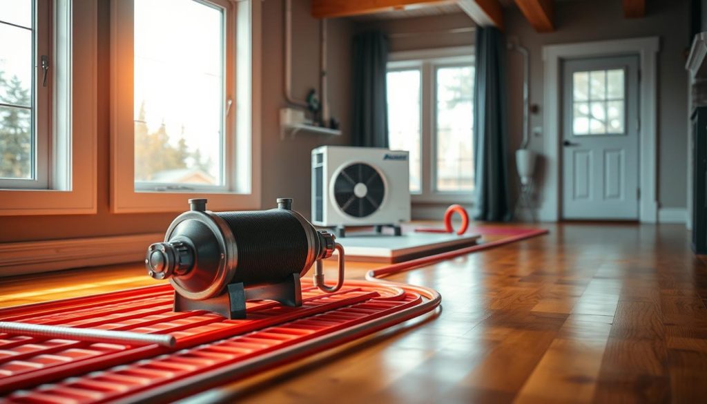 A cozy, well-integrated Canadian geothermal system. In the foreground, the heat exchanger and piping connect seamlessly to a radiant floor heating system, its warm glow reflecting off the polished hardwood floors. In the middle ground, the ground-source heat pump sits unobtrusively, humming softly as it transfers heat from the earth. The background features a large window, allowing natural light to flood the space and highlighting the system's energy-efficient design. The scene conveys a sense of harmony, where cutting-edge technology blends effortlessly with the home's warm, inviting atmosphere.