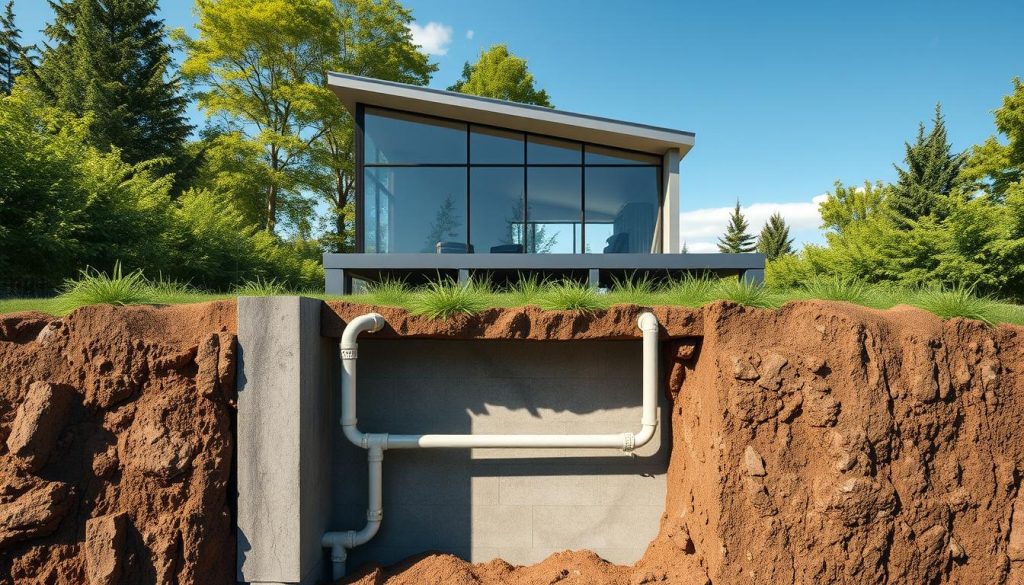 A detailed cross-section of a Canadian well system, showcasing its construction and key components. In the foreground, a partially excavated well with its reinforced concrete walls and perforated piping for water collection. The middle ground features the above-ground housing structure, with a sleek, modern design featuring large windows to maximize natural light. In the background, lush vegetation and a clear blue sky create a serene, natural atmosphere. The lighting is soft and diffused, highlighting the textural details of the materials used. The scene conveys a sense of sustainability and integration with the surrounding environment, reflecting the advantages of a Canadian well system in a renovation or new construction project.