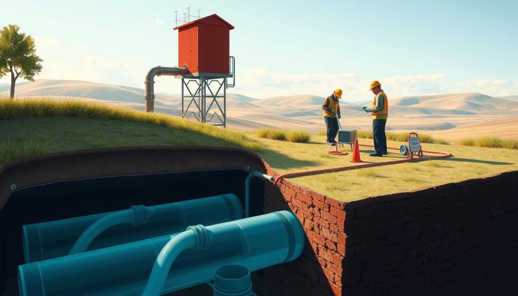 A detailed illustration of a geothermal system, depicting the potential risks and safety precautions involved. In the foreground, a cross-section view showcases the underground heat exchange pipes, highlighting the delicate balance between efficiency and environmental impact. The middle ground features workers in protective gear, inspecting and maintaining the system, underscoring the importance of proper installation and ongoing vigilance. In the background, a serene landscape with rolling hills and a clear sky creates a sense of harmony, contrasting with the technical complexity of the geothermal system. The lighting is soft and natural, casting gentle shadows and emphasizing the careful integration of the geothermal infrastructure within the natural environment. The overall mood is one of thoughtful consideration, conveying the need for a nuanced approach to sustainable energy solutions.
