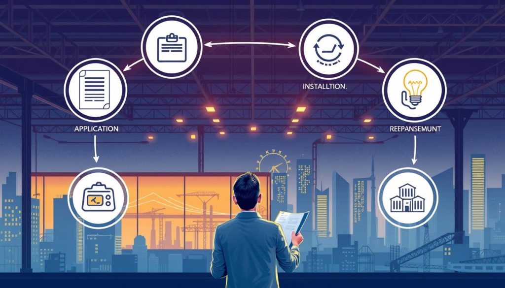 A dynamic, meticulously detailed illustration depicting the step-by-step process for obtaining a LED lighting grant for a business. In the foreground, a businessperson reviews documents with a financial advisor, surrounded by icons representing the key stages - application, approval, installation, and reimbursement. The middle ground showcases a modern, energy-efficient LED lighting system being installed in an office or factory setting, bathed in warm, glowing illumination. In the background, a cityscape with skyscrapers and infrastructure hints at the broader economic and environmental context. The overall scene conveys a sense of progress, efficiency, and financial savvy, reflecting the practical guidance the article aims to provide.