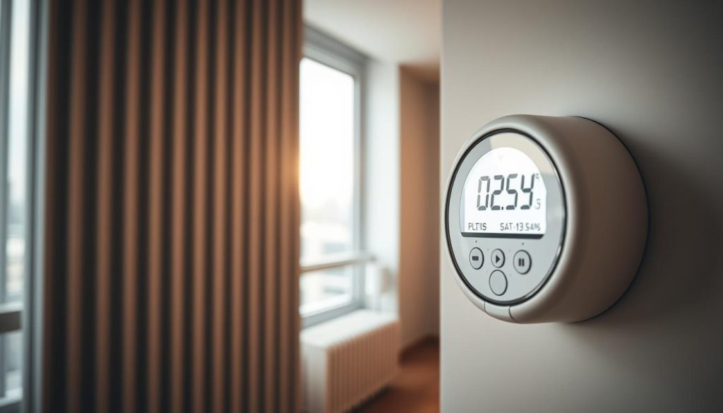 A modern apartment building with a central heating system, the focus is on the individual heating unit in one of the apartments. A close-up view showcases the heat meter device, its digital display prominently showing the energy consumption data. The apartment's radiators are visible in the background, their sleek, minimalist design blending seamlessly with the minimalist, contemporary interior. Warm, muted lighting casts a soft glow, creating a calm, contemplative atmosphere. The overall composition emphasizes the concept of individualization of heating costs, underscoring the importance of tracking and managing one's own energy usage within a shared heating system.