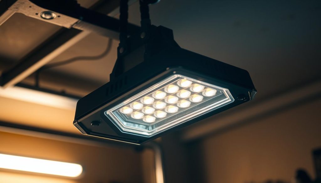 A rugged, weatherproof neon LED light fixture against a dimly lit garage interior. The rectangular housing is made of durable, corrosion-resistant materials, with a clear, impact-resistant lens covering the bright, energy-efficient LED bulbs within. The lighting emanates a warm, powerful glow that illuminates the surrounding space, creating a welcoming, functional atmosphere. The fixture is mounted securely to the ceiling, positioned to provide even, comprehensive coverage for the garage workspace. Subtle shadows and highlights accentuate the industrial, utilitarian design, conveying a sense of reliability and practicality suited for a garage environment.