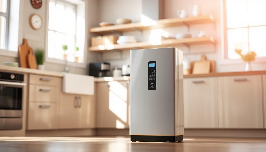 A sleek, economical water softener stands in a well-lit, modern kitchen. The device's minimalist design features clean lines and a neutral color palette, blending seamlessly with the kitchen's contemporary aesthetic. Sunlight streams through the window, casting a warm glow on the water softener's surface. The softener's control panel is clearly visible, showcasing its intuitive, user-friendly interface. In the background, neatly organized kitchen shelves and appliances create a sense of efficiency and practicality. The overall scene conveys a balance of function and style, highlighting the water softener as an affordable, energy-saving solution for the discerning homeowner.