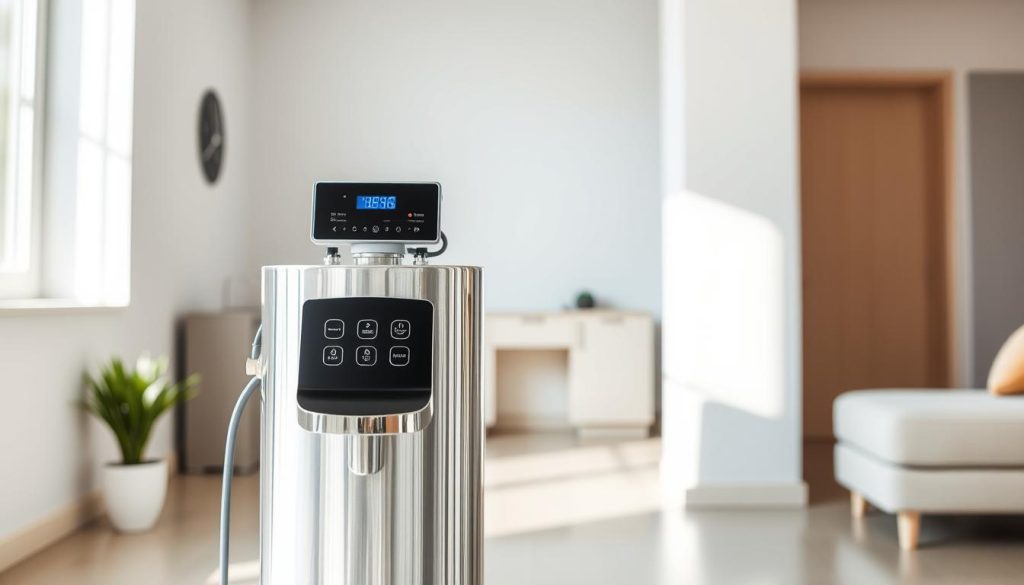 A sleek, modern water softener unit sits prominently in the foreground, its chrome exterior gleaming under crisp, directional lighting. The middle ground features a well-organized control panel with intuitive buttons and displays, showcasing the device's optimization capabilities. In the background, a simple, minimalist home interior provides a clean, uncluttered backdrop, emphasizing the adsorber's streamlined design and efficient operation. The overall composition conveys a sense of technological sophistication and energy-conscious living, perfectly aligned with the article's focus on optimizing water softener electricity consumption.