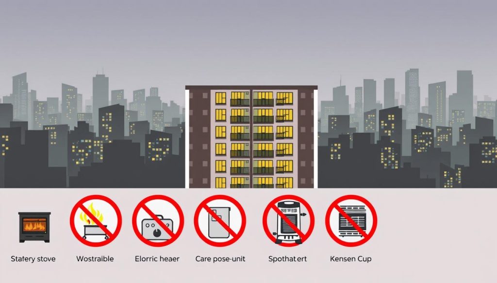 A stylized illustration depicting various types of heating systems prohibited in condominium properties. In the foreground, a series of icons representing prohibited heating methods such as wood-burning stoves, portable electric heaters, and kerosene space heaters. The middle ground features a cutaway view of a multi-unit residential building, with the prohibited heating systems highlighted and crossed out. The background showcases a dimly lit urban cityscape, conveying a sense of regulation and restrictions. The overall composition uses a muted color palette, technical illustrations, and clear iconography to concisely communicate the subject matter.