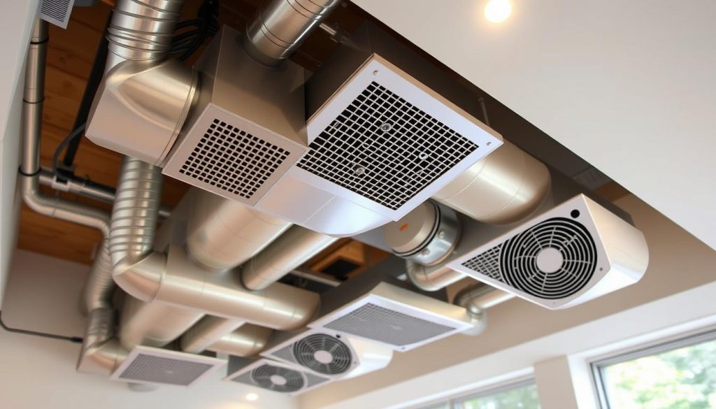 A well-designed ventilation system seamlessly integrated into a Canadian geothermal heat exchange system. The main ductwork runs through the basement, with vents strategically placed throughout the home's living spaces. Warm air is drawn from the earth below, filtered, and distributed evenly using a powerful yet quiet blower. Elegant metal grates accent the vents, complementing the modern architecture. Soft, indirect lighting illuminates the integrated components, creating a harmonious and energy-efficient indoor climate. The system's components are neatly tucked away, maintaining a clean, uncluttered aesthetic that blends naturally with the home's decor.