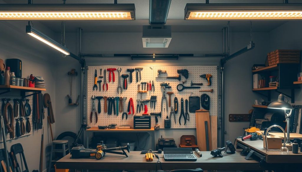 A well-lit and organized garage workshop, with a clean and modern aesthetic. In the foreground, a workbench with various tools and equipment neatly arranged. Soft, warm lighting from overhead LED strips and task lamps creates a comfortable, productive atmosphere. The middle ground features a pegboard wall displaying a variety of hand tools, their shadows adding depth and texture. In the background, the garage door is open, allowing natural light to stream in, illuminating the space and creating a sense of openness. The overall scene conveys a practical, efficient, and visually appealing garage workshop, ideal for creative projects and DIY activities.