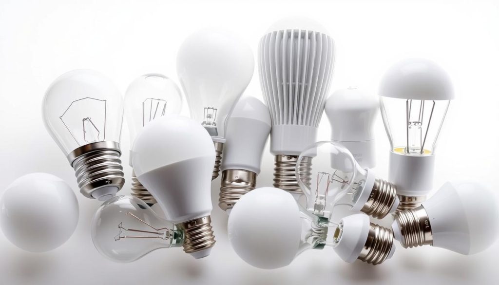 A well-lit, close-up image of an assortment of LED light bulbs against a clean, white background. The bulbs should be arranged in a visually appealing composition, showcasing their different shapes, sizes, and color temperatures. The lighting should accentuate the sleek, modern design of the LED bulbs, highlighting their efficient, energy-saving capabilities. The overall mood should convey a sense of simplicity, clarity, and practicality, reflecting the "how-to" nature of the article's section on successful LED relamping.