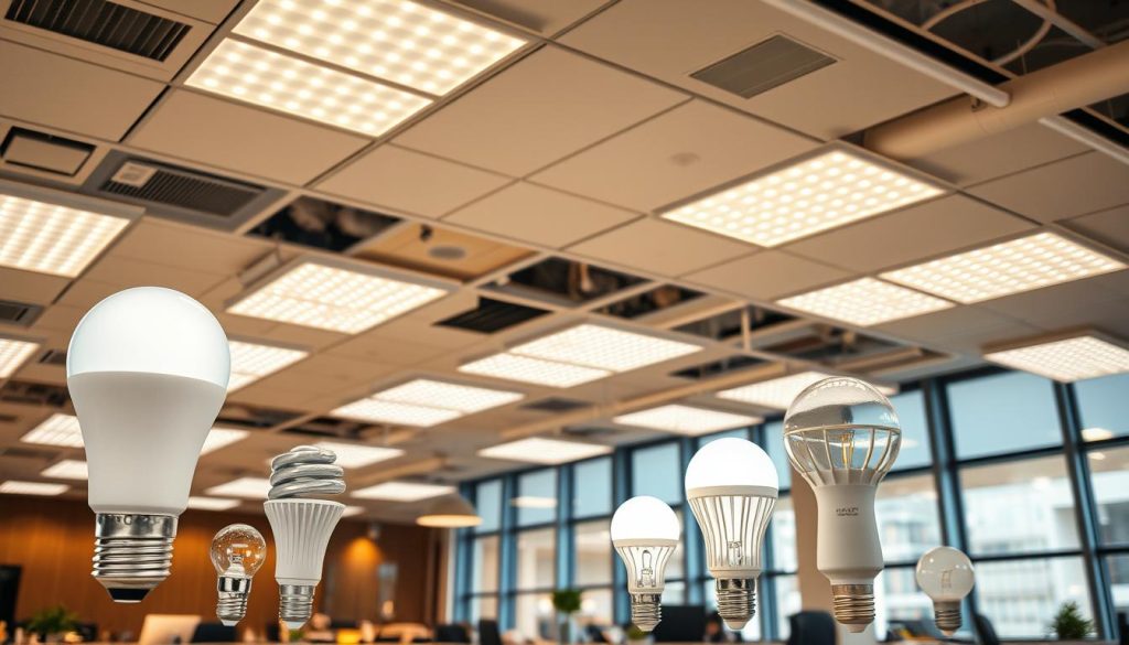 A well-lit office interior with an array of energy-efficient LED light fixtures, arranged in a visually appealing grid pattern across the ceiling. The lighting casts a warm, inviting glow over the workspace, creating a productive and cost-effective environment. In the foreground, various cost-saving LED light bulbs and fixtures are displayed, showcasing their sleek, modern designs. The middle ground features desks, chairs, and other office furnishings, all illuminated by the efficient LED lighting. The background depicts large windows, allowing natural light to complement the artificial lighting and further enhance the space's overall brightness and efficiency.