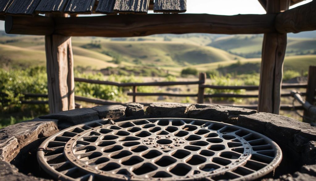 A well-maintained Canadian well, set against a serene rural landscape. In the foreground, a metal grate covers the well's opening, its intricate design casting captivating shadows. The middle ground showcases the wooden structure surrounding the well, weathered by time yet sturdy and functional. In the background, rolling hills dotted with lush vegetation create a peaceful, pastoral atmosphere. Soft, natural lighting illuminates the scene, highlighting the rustic charm of this traditional water source. The overall composition conveys a sense of tranquility and the importance of proper maintenance for the effective operation of a Canadian well.
