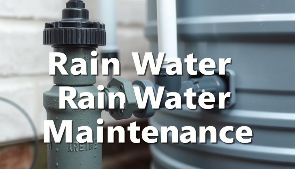 A well-maintained rain water harvesting system, with a focus on the maintenance aspects. The image shows a closeup view of the system's components, such as the filter, the valve, and the storage tank. The lighting is soft and even, highlighting the textures and details of the equipment. The background is blurred, keeping the attention on the system itself. The overall mood is one of functionality and attention to detail, conveying the importance of proper maintenance for an efficient and long-lasting rain water harvesting installation.