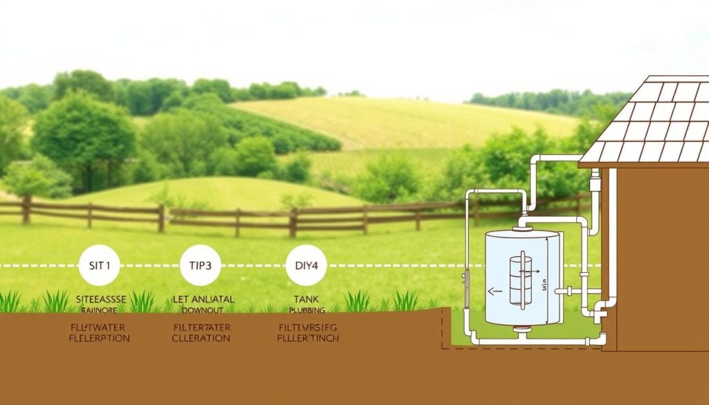 Detailed schematic illustration of the steps for designing a rainwater harvesting system. Prominent in the foreground, a sequence of labeled steps, such as site assessment, tank installation, filtration, and plumbing. In the middle ground, a technical diagram showcasing the various components, like the rainwater collection surface, downspout, storage tank, and distribution pipes. The background depicts a serene countryside setting with lush greenery, suggesting the eco-friendly and sustainable nature of the system. Crisp, technical linework, muted color palette, and a clean, informative composition to comprehensively convey the process of conceiving a rainwater harvesting installation.