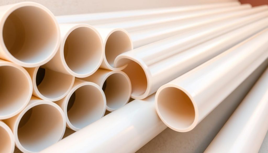 Polyethylene pipes for a geothermal ventilation system, arranged in a neatly organized pattern against a soft, neutral background. The pipes have a clean, modern appearance, their smooth surfaces reflecting the warm, natural lighting. The overall composition emphasizes the technical yet environmentally-friendly nature of the system, hinting at its application in a sustainable "Canadian well" or geothermal heating setup. The image should convey a sense of efficiency, quality, and environmental consciousness, suitable for illustrating a section on material choices for a geothermal heating system.