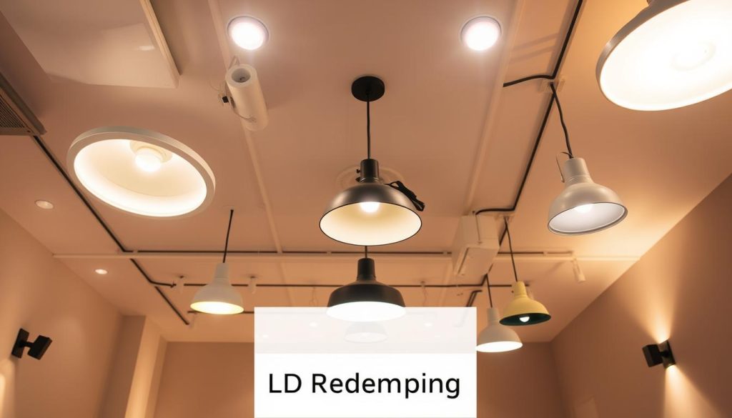 Prompt A well-lit, modern LED lighting system, showcasing a variety of energy-efficient lighting fixtures such as recessed downlights, sleek pendant lamps, and minimalist wall sconces. The lighting is warm and inviting, casting a soft glow that illuminates the space. The fixtures are arranged in a clean, organized layout, demonstrating the aesthetic and functional benefits of LED technology. The background is a neutral, minimalist interior, allowing the lighting to take center stage and highlight its key features. The overall mood is one of efficiency, style, and environmental consciousness, conveying the advantages of LED relamping.