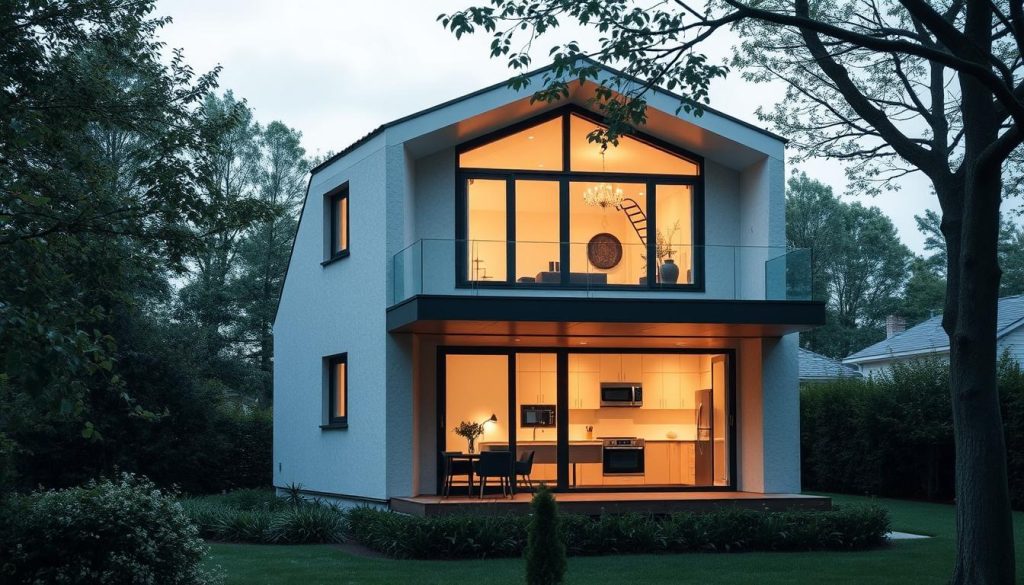 A cozy, well-insulated two-story house nestled in a serene, tree-lined neighborhood. The facade features high-performance windows, thick insulation panels, and a sleek, modern roofing system. Soft, diffused natural light filters through the windows, illuminating the interior's minimalist design and energy-efficient appliances. The home appears to be a model of sustainable living, showcasing the benefits of enhanced thermal insulation for a Bâtiment Basse Consommation (BBC) or "low-energy building." The scene conveys a sense of comfort, efficiency, and environmental responsibility, reflecting the article's focus on optimizing a BBC home's energy performance through improved insulation.