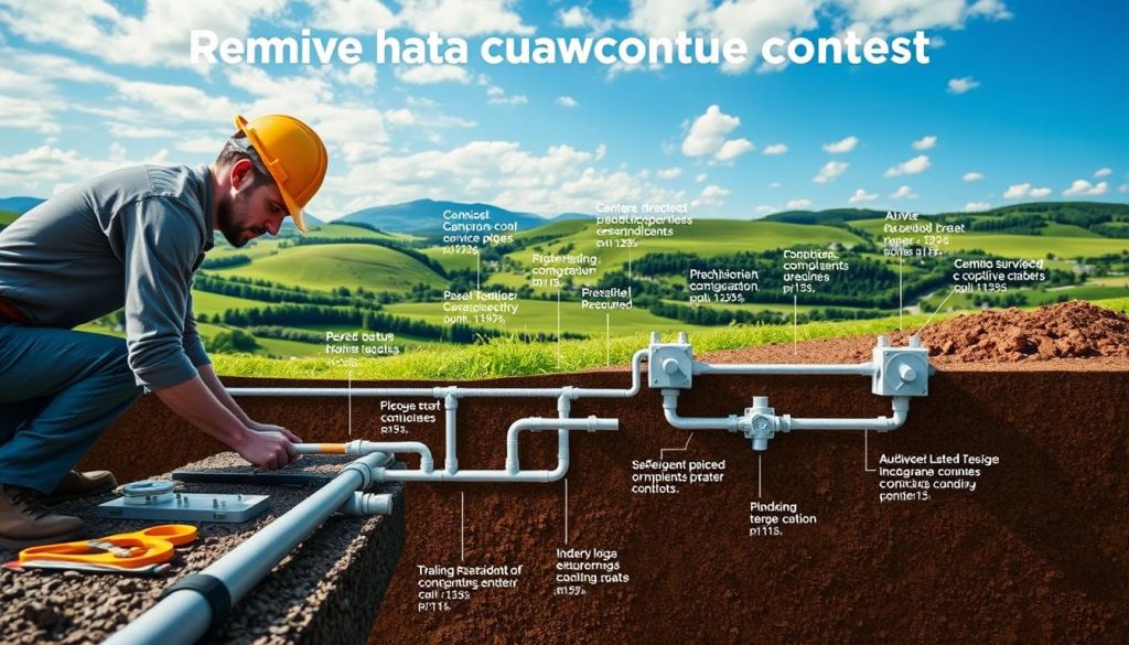 A detailed architectural diagram showcasing the proper installation of underground conduits. The foreground depicts a worker in a hardhat carefully laying the piping, with tools and materials neatly organized. The middle ground reveals the intricate network of conduits, pipes, and junction boxes, each element labeled with technical specifications. The background features a serene landscape of rolling hills, lush greenery, and a clear blue sky, conveying a sense of tranquility and precision. The lighting is soft and diffused, highlighting the textures and details of the materials. The camera angle is slightly elevated, providing an informative, bird's-eye view of the construction process. The overall mood is one of professionalism, attention to detail, and a commitment to safety and best practices.