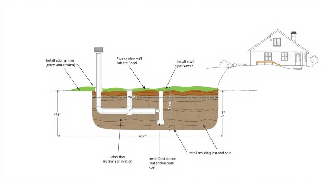 A detailed technical diagram of a Canadian well installation, showcasing its key components and dimensions. The image should feature a clean, technical illustration style with a white background, crisp lines, and precise measurements. The well should be depicted in cross-section, highlighting the underground structure, piping, and insulation. The foreground should emphasize the cost-related aspects, such as the depth, materials, and labor required. The middle ground should include annotations pointing to the various installation steps and associated expenses. The background should provide a sense of scale with contextual elements like a house or landscape. The overall mood should convey a practical, informative, and cost-conscious tone suitable for the article's subject matter.