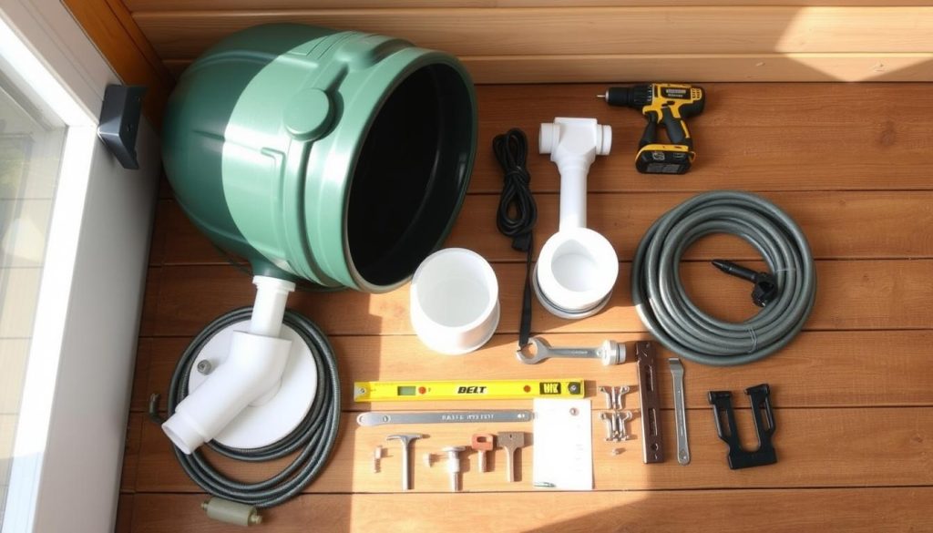 A neatly arranged set of essential tools for setting up a rainwater harvesting system, including a rain barrel, a downspout adapter, a garden hose, a wrench, a drill, a level, and other necessary hardware, all situated on a wooden surface with soft natural lighting from the side, creating a clean, organized, and informative composition.