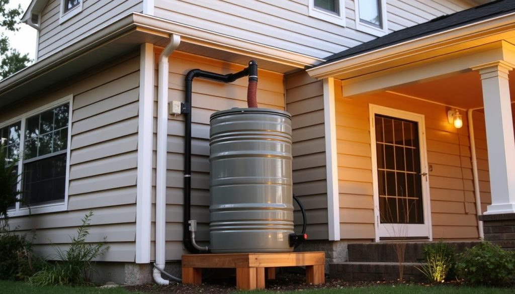 A residential rainwater harvesting system installed on the exterior of a two-story house, with a large rain barrel or tank positioned underneath a downspout. The system should feature a sturdy, functional design with a smooth, cylindrical rain collection barrel made of recycled materials like metal or plastic. The barrel should be elevated on a sturdy platform to allow for easy access and water extraction. The downspout should be securely attached to the rain barrel, and the overall system should blend seamlessly with the house's architecture and landscaping. The scene should be illuminated by soft, natural lighting, conveying a sense of sustainability and environmental consciousness.