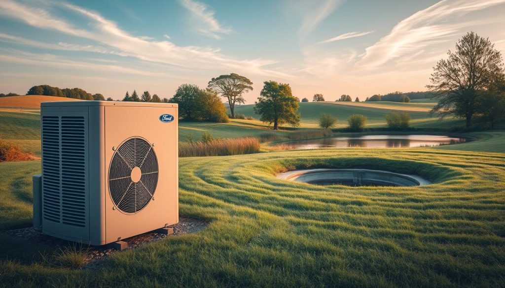 A serene and bucolic landscape in soft, warm hues, showcasing a well-designed geothermal heat pump system, the centerpiece of a Canadian well. The foreground features the heat pump unit, its sleek, modern design complementing the rustic surroundings. The middle ground depicts the well itself, its concrete casing blending seamlessly with the verdant grass and rolling hills. In the background, a picturesque country setting with lush trees, a tranquil pond, and a clear sky with wispy clouds, creating an atmosphere of natural harmony. Warm, diffused lighting bathes the scene, enhancing the sense of comfort and efficiency associated with this renewable energy solution.